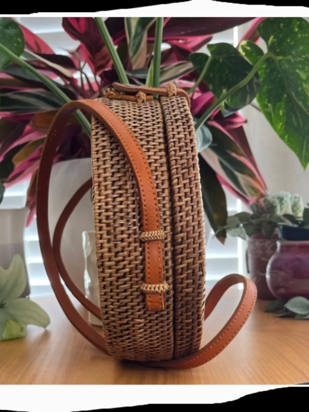 Rattan & Leather Round Crossbody Bag NWOT
